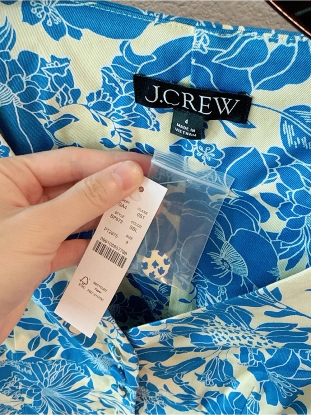NWT J.CREW BUTTON-FRONT PUFF-SLEEVE MINI DRESS IN BLUE FLORAL